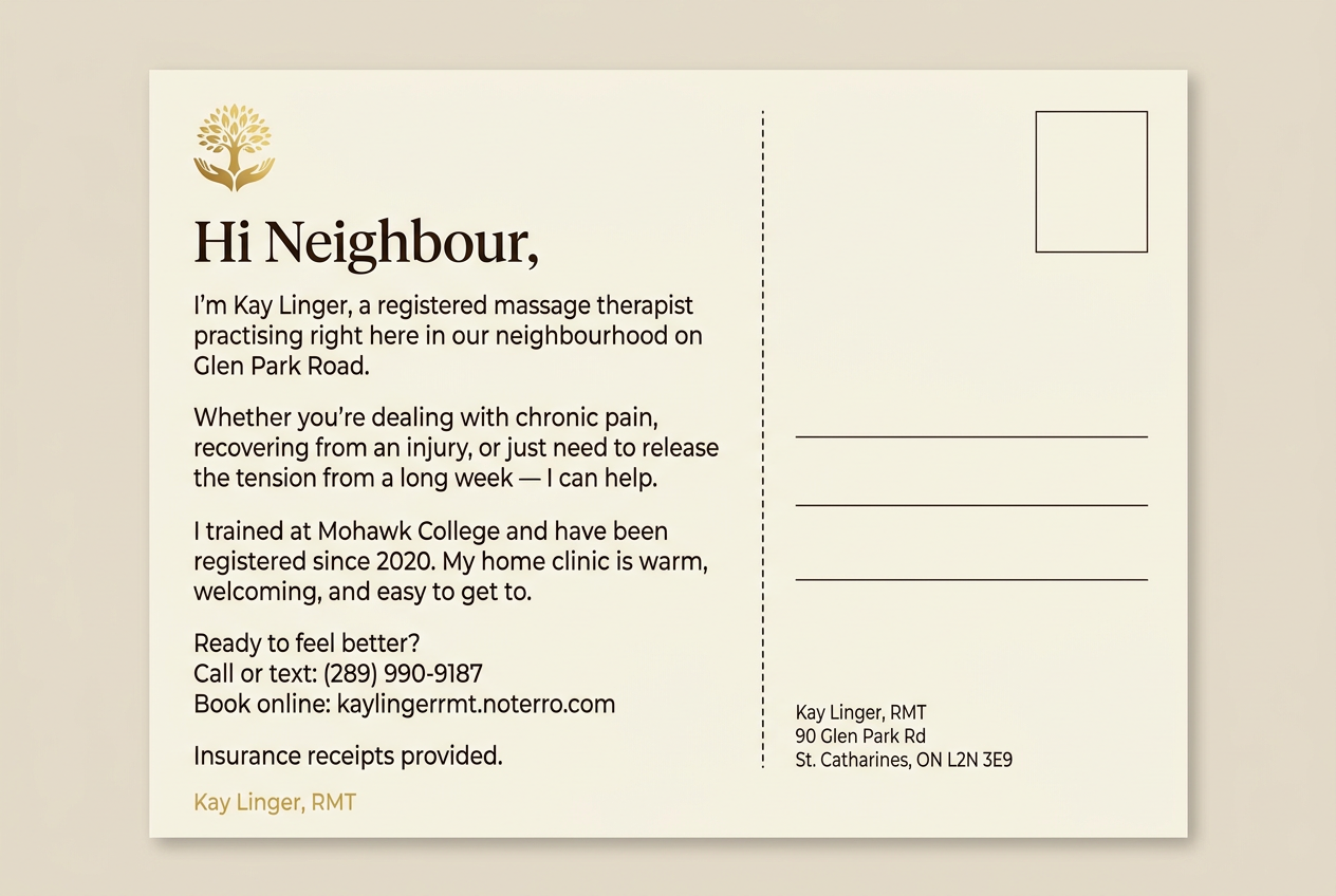 Kay Linger RMT postcard back — Hi Neighbour personal message, booking info, stamp area, return address