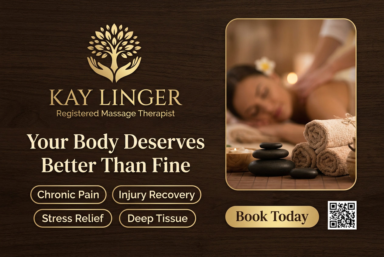 Kay Linger RMT postcard front — dark wood grain with gold tree logo, massage imagery, service tags, QR code